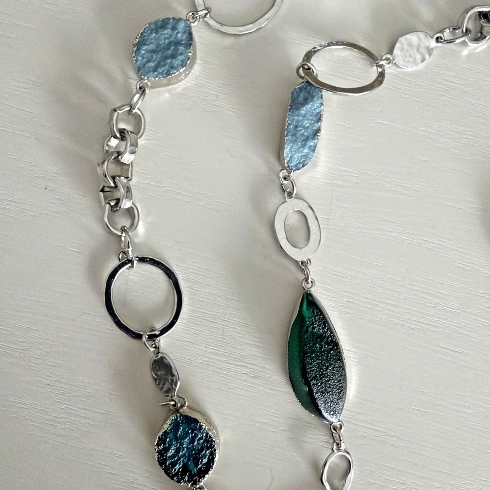 Chicos Blue And Green Stone And Silver Tone Metal Ring - Long Necklace 20-24" - Picture 4 of 11